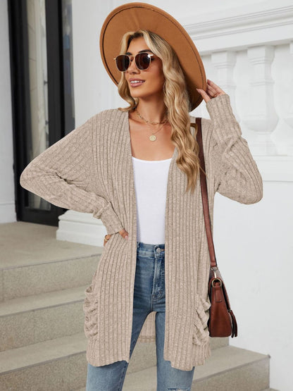 Pocketed Open Front Long Sleeve Cardigan