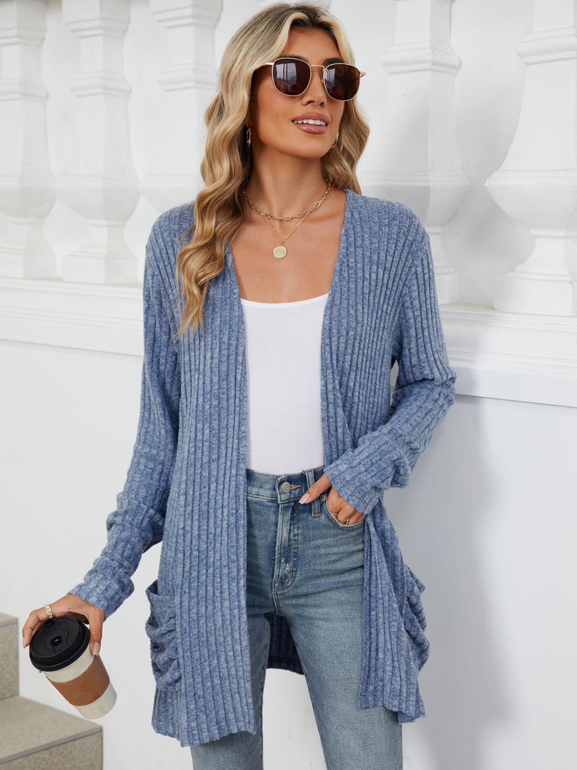 Pocketed Open Front Long Sleeve Cardigan