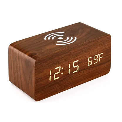 Wooden Digital Alarm Clock with and without Wireless Charging