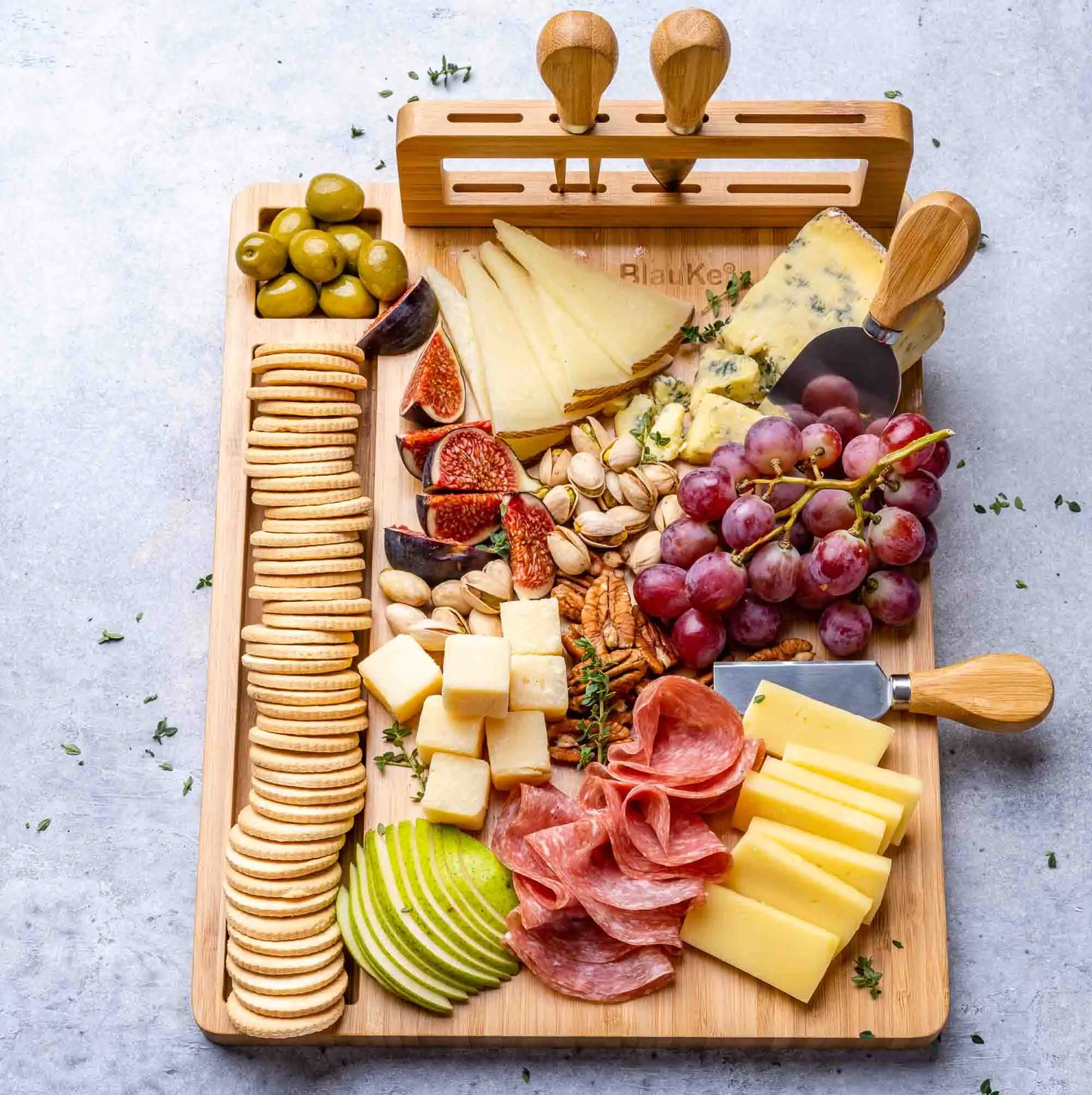 Bamboo Cheese Board and Knife Set / 14x11 inch Charcuterie Board with 4 Cheese Knives