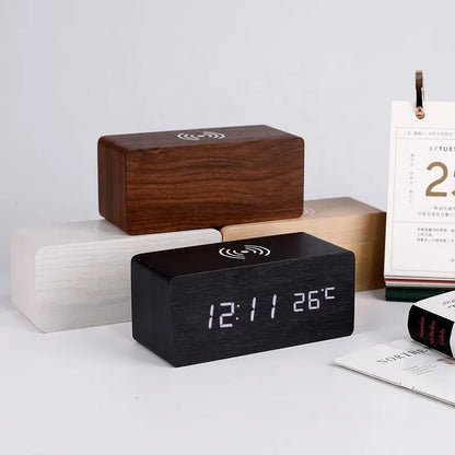 Wooden Digital Alarm Clock with and without Wireless Charging