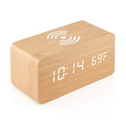 Wooden Digital Alarm Clock with and without Wireless Charging