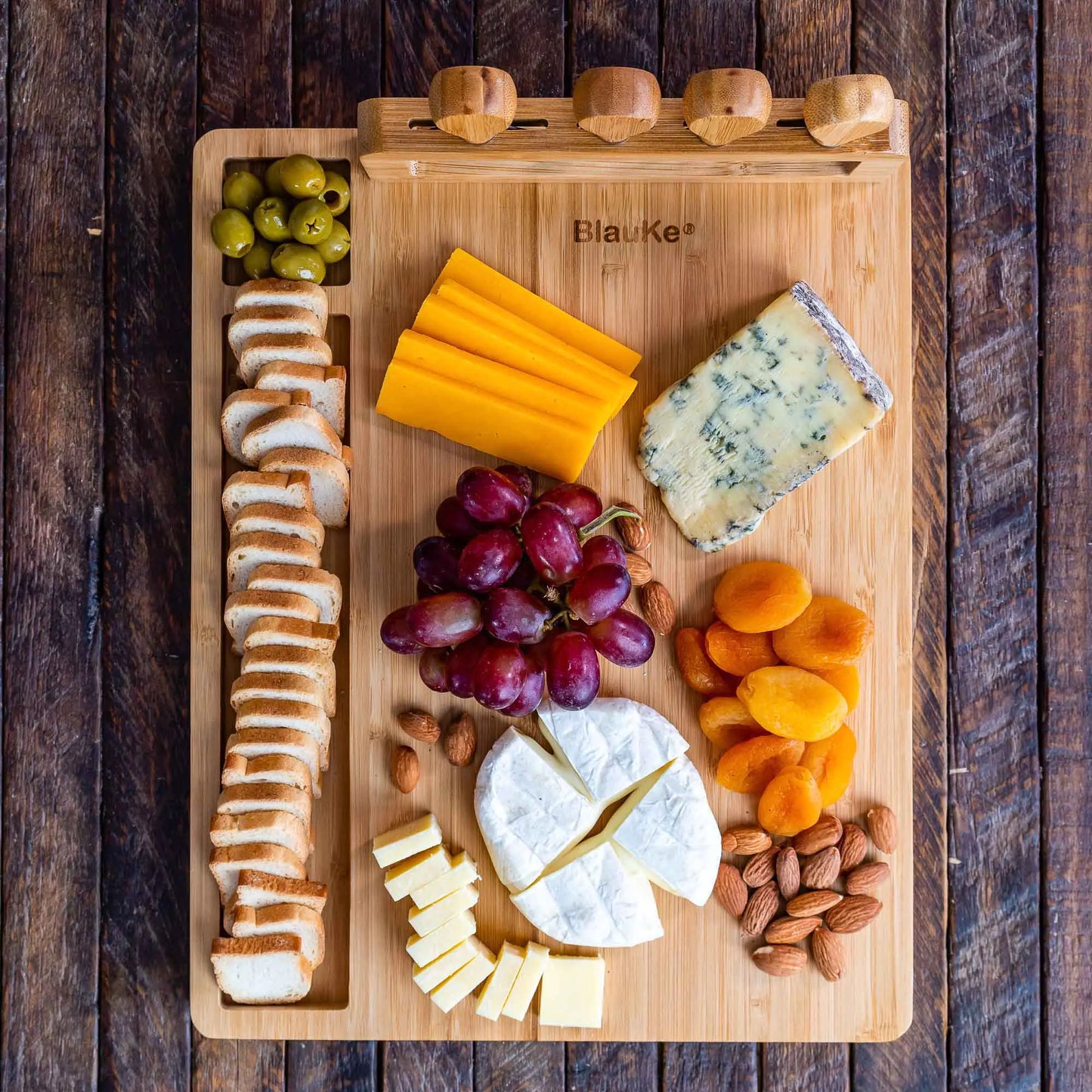 Bamboo Cheese Board and Knife Set / 14x11 inch Charcuterie Board with 4 Cheese Knives