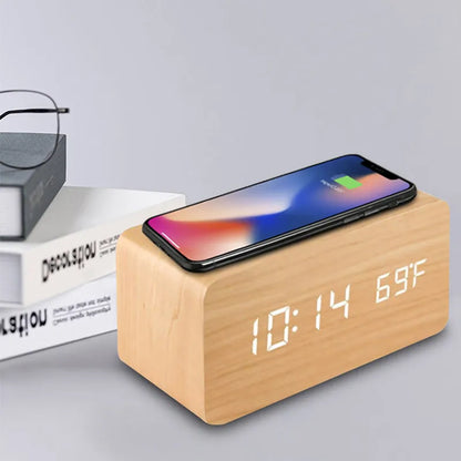 Wooden Digital Alarm Clock with and without Wireless Charging