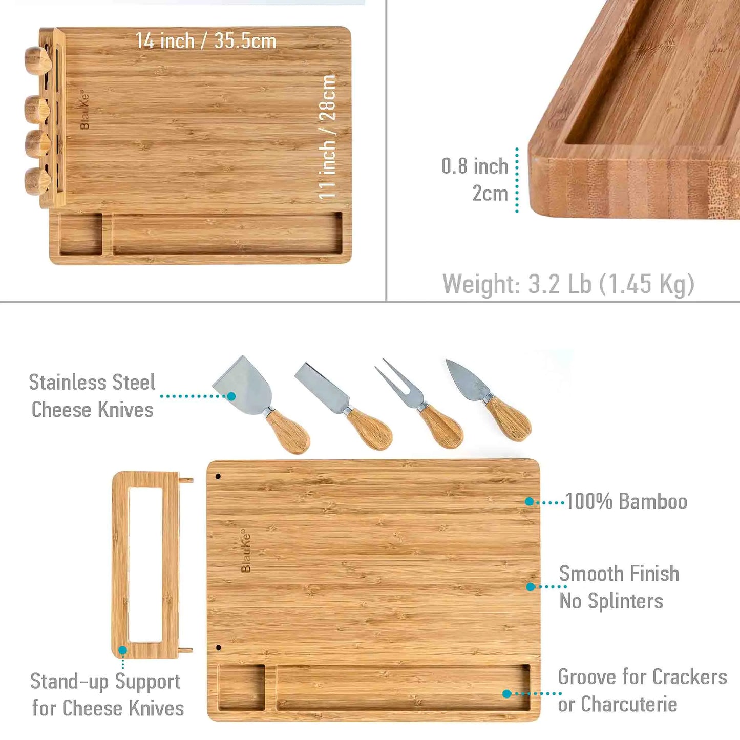 Bamboo Cheese Board and Knife Set / 14x11 inch Charcuterie Board with 4 Cheese Knives