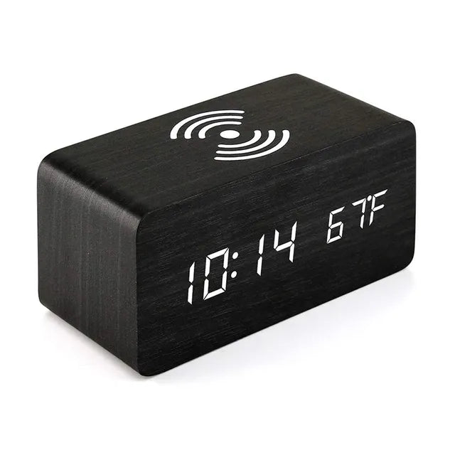 Wooden Digital Alarm Clock with and without Wireless Charging