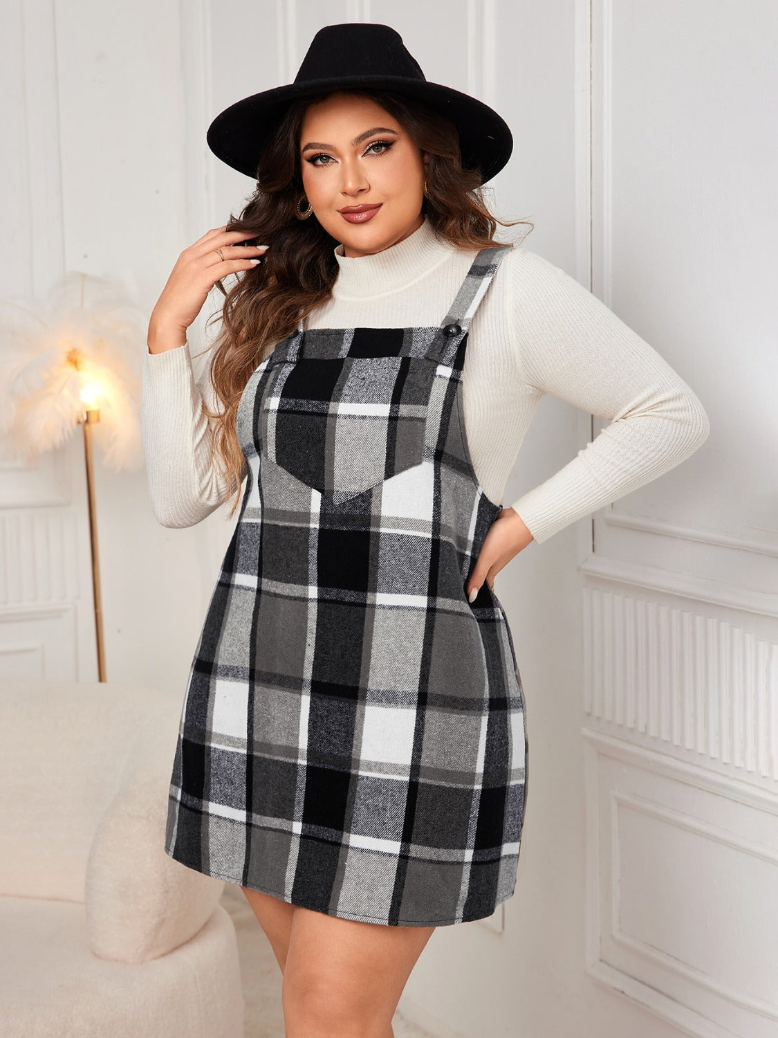 Plus Size Plaid Wide Strap Overall Dress