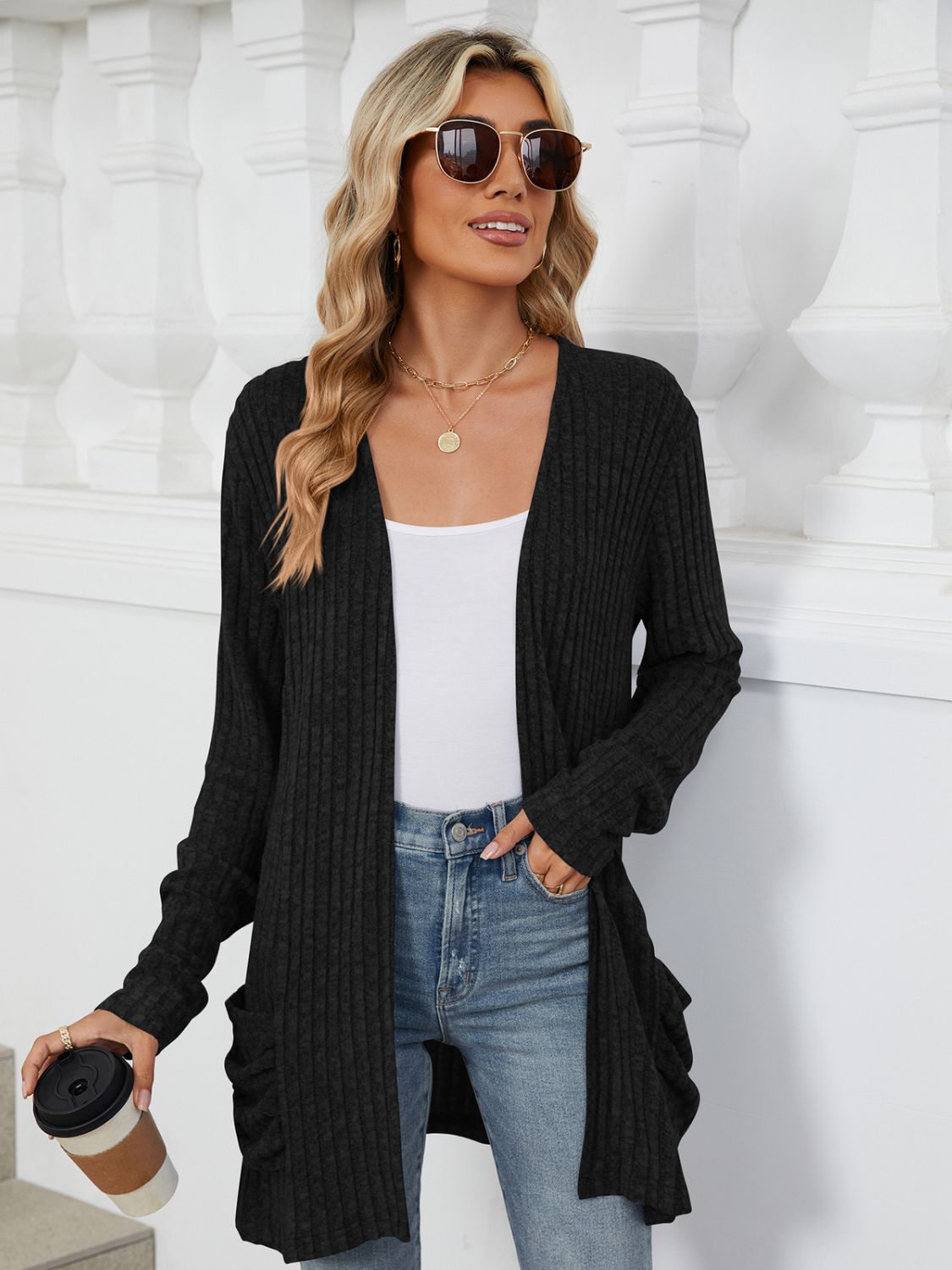 Pocketed Open Front Long Sleeve Cardigan