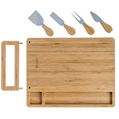 Bamboo Cheese Board and Knife Set / 14x11 inch Charcuterie Board with 4 Cheese Knives