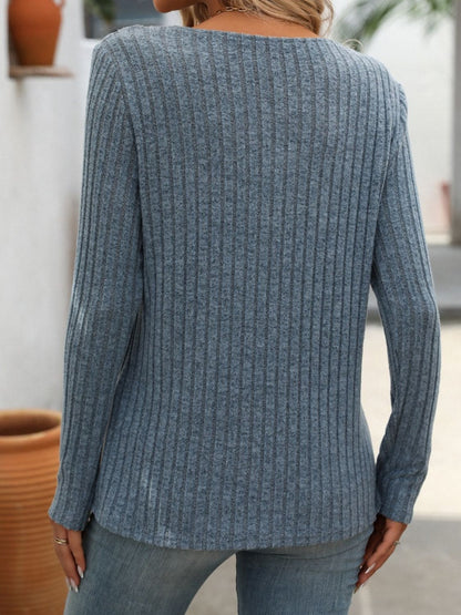 Ribbed V-Neck Long Sleeve T-Shirt