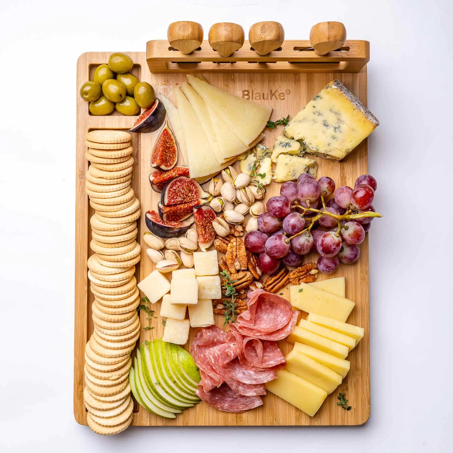 Bamboo Cheese Board and Knife Set / 14x11 inch Charcuterie Board with 4 Cheese Knives