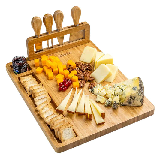 Bamboo Cheese Board and Knife Set / 14x11 inch Charcuterie Board with 4 Cheese Knives