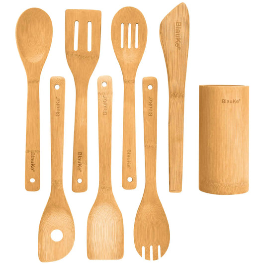 Bamboo Kitchen Utensils Set 8-Pack - Wooden Cooking Utensils / Wooden Cooking Spoons, Spatulas, Turner, Tongs, Utensil Holder