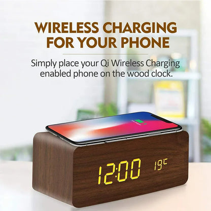 Wooden Digital Alarm Clock with and without Wireless Charging